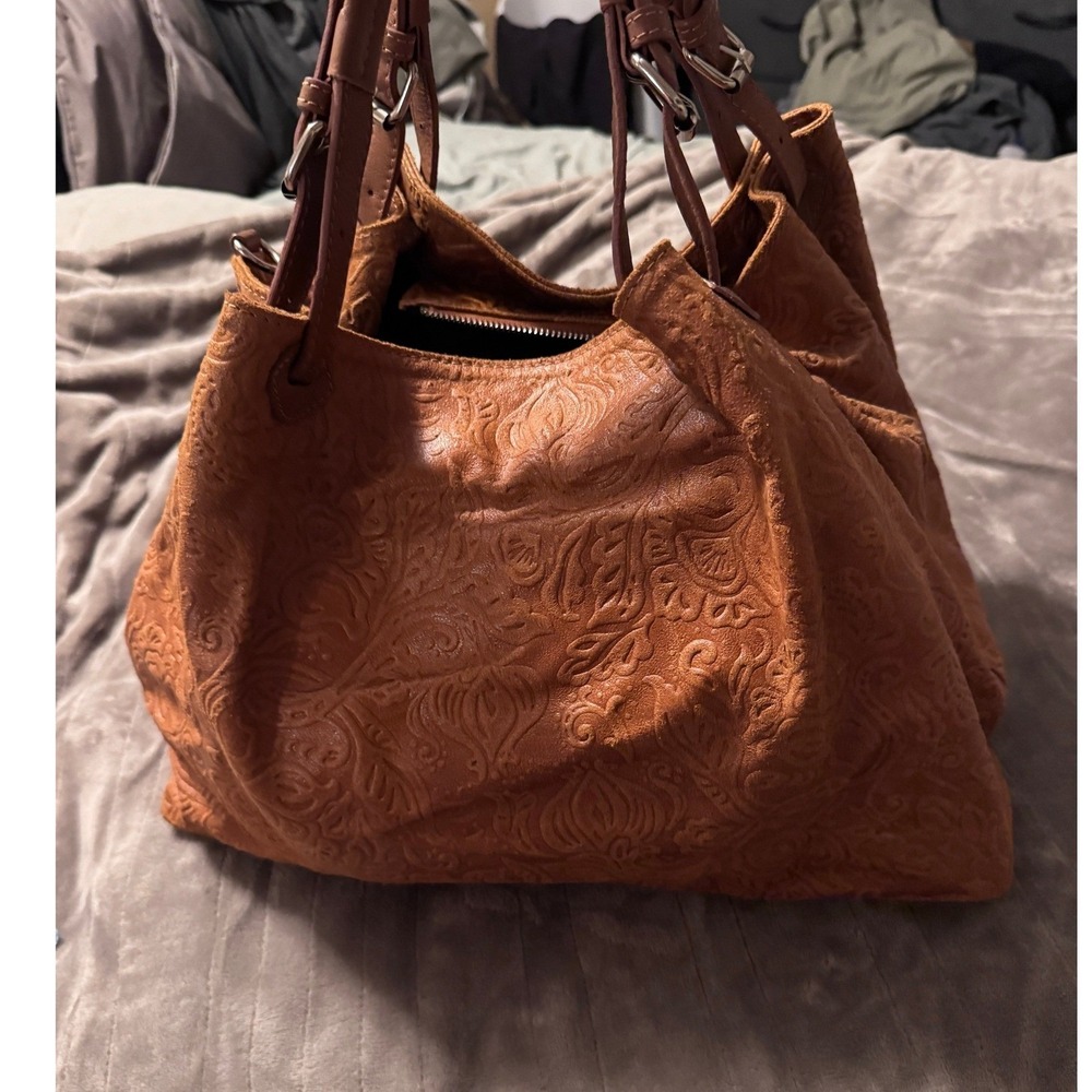 Isadora Italian Leather Embossed Floral Paisley Tote Bag Cognac Brown
